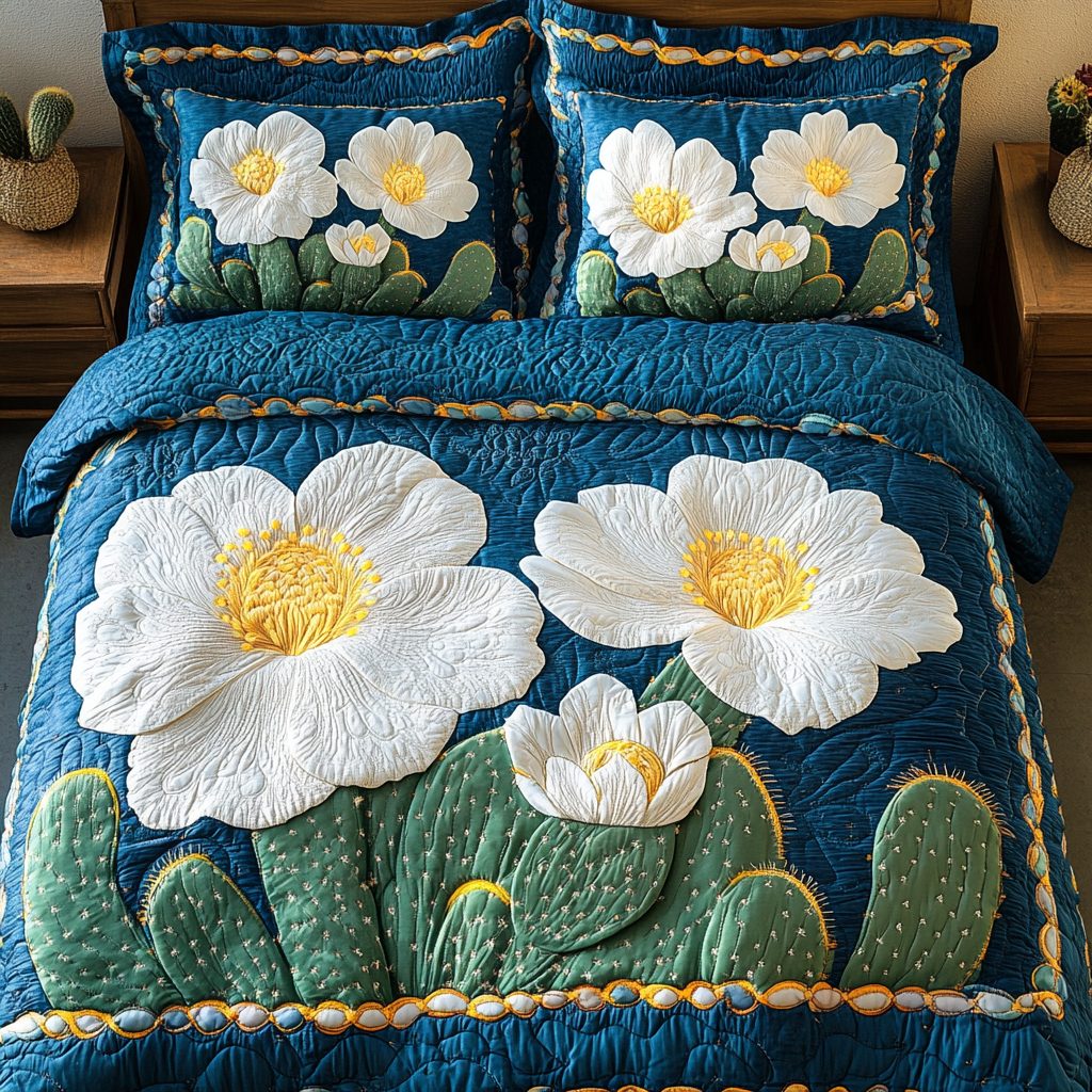 Desert Bloom quilted 3-piece bedding set on a made bed with two matching pillow shams