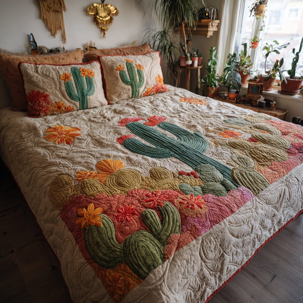 Desert Bloom quilted 3-piece bedding set on a made bed with two matching pillow shams