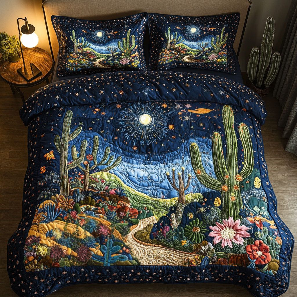 Desert Bloom quilted 3-piece bedding set on a made bed with two matching pillow shams