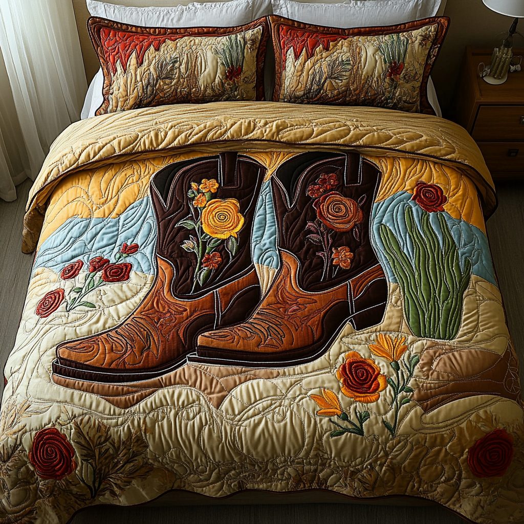 Desert Bloom quilted 3-piece bedding set on a made bed with two matching pillow shams