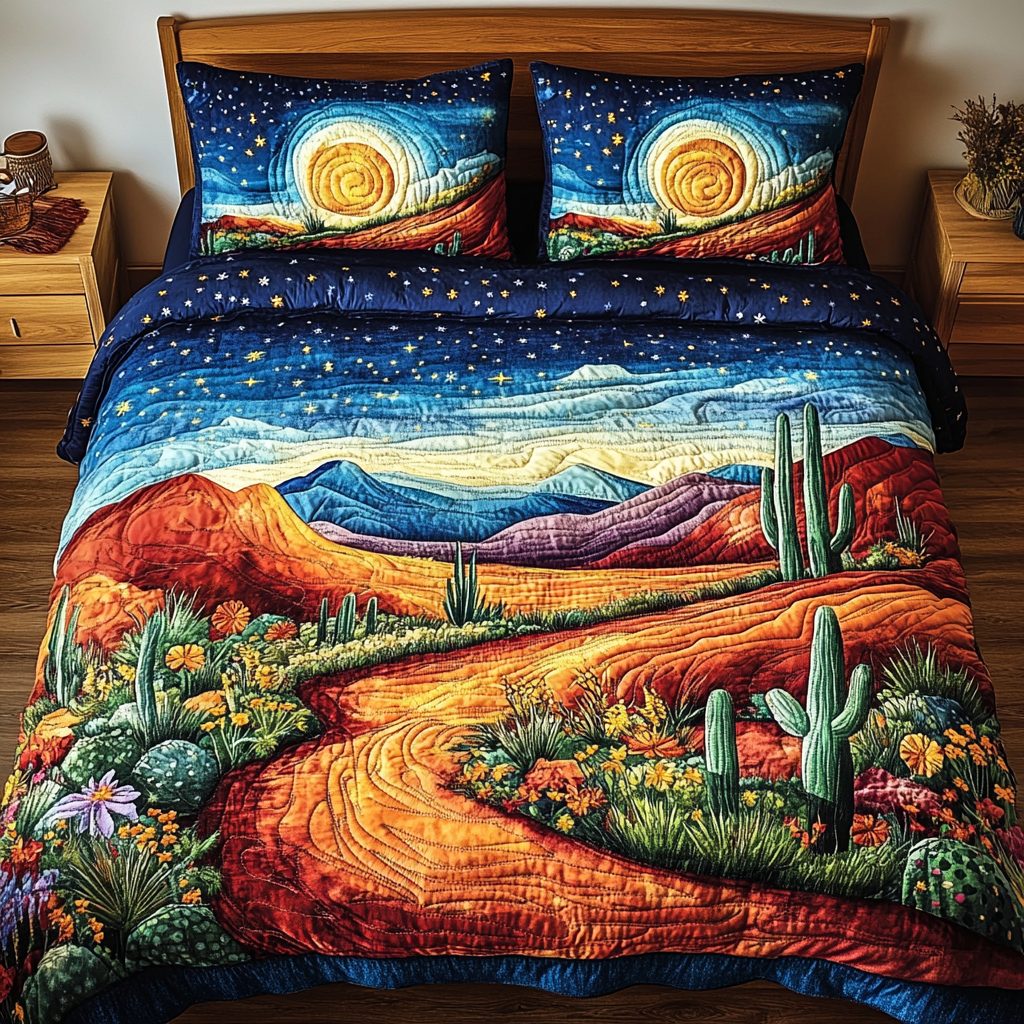 Desert Bloom quilted 3-piece bedding set on a made bed with two matching pillow shams