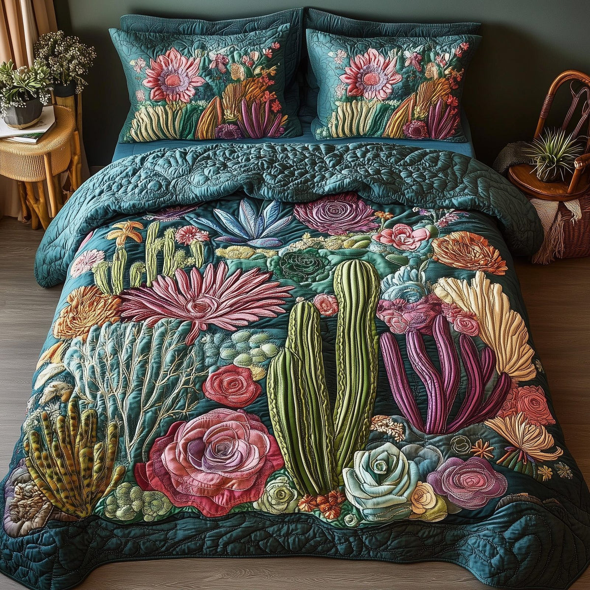 Desert Blooming quilted 3-piece bedding set on a made bed with two matching pillow shams