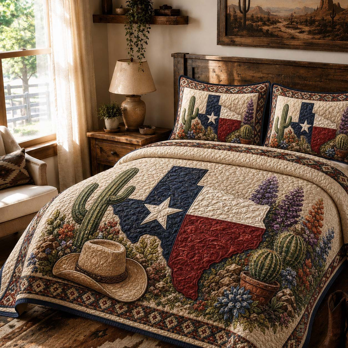 Desert Bluebonnet quilted 3-piece bedding set on a made bed with two matching pillow shams
