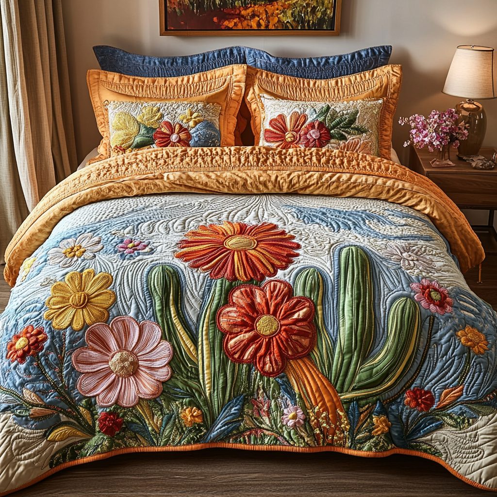 Desert Blush quilted 3-piece bedding set on a made bed with two matching pillow shams