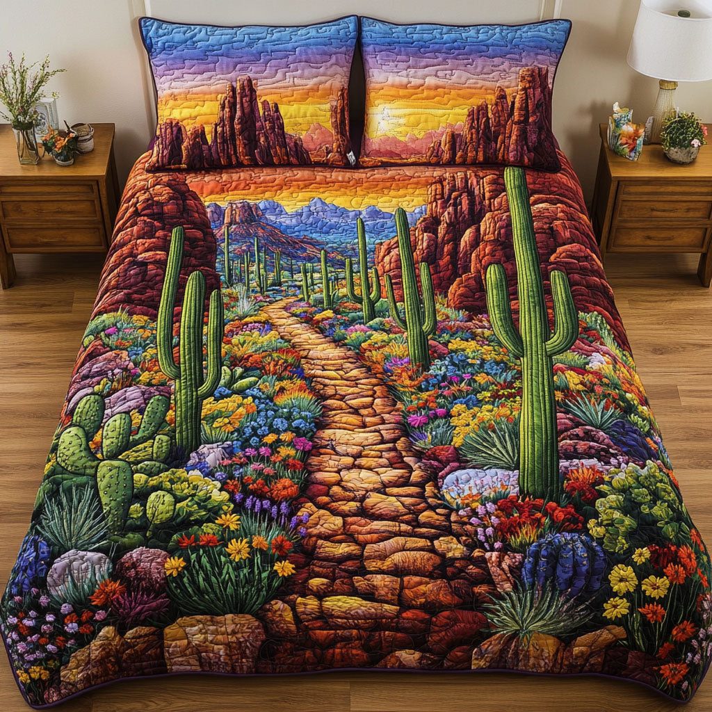 Desert Cactus Trail quilted 3-piece bedding set on a made bed with two matching pillow shams