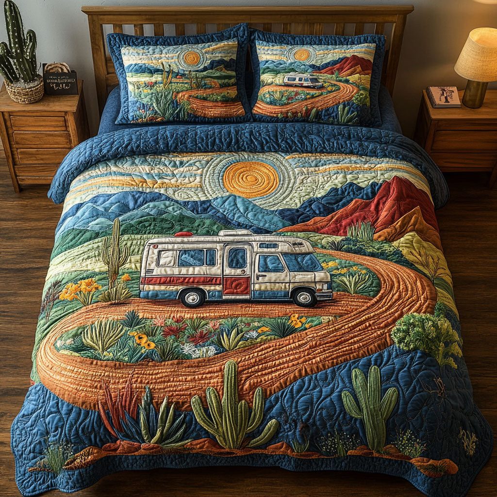 Desert Caravan quilted 3-piece bedding set on a made bed with two matching pillow shams