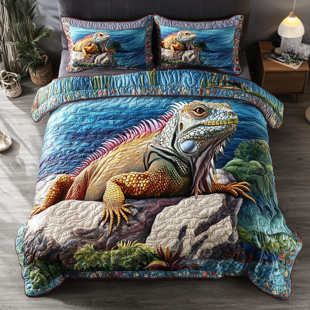 Desert Climber quilted 3-piece bedding set on a made bed with two matching pillow shams