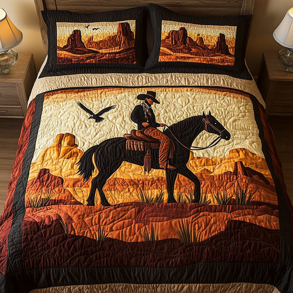 Desert Cowboy quilted 3-piece bedding set on a made bed in a rustic timber bedroom