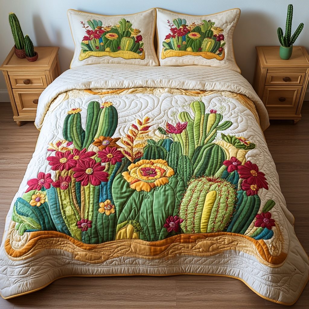 Desert Dream quilted 3-piece bedding set on a made bed with two matching pillow shams