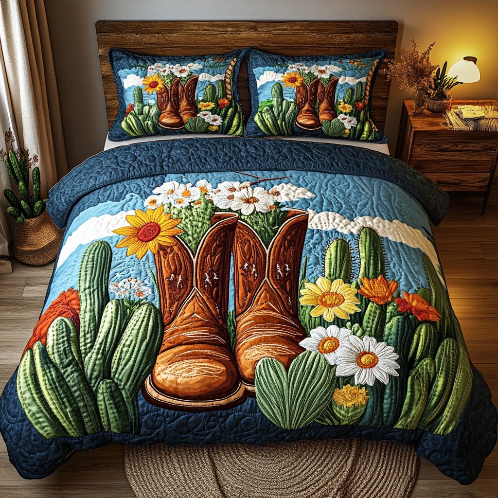 Desert Dreamer quilted 3-piece bedding set on a made bed with two matching pillow shams