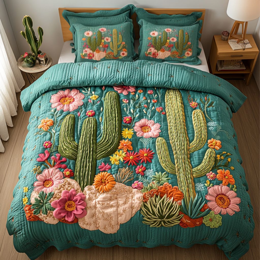 Desert Dreams quilted 3-piece bedding set on a made bed with two matching pillow shams