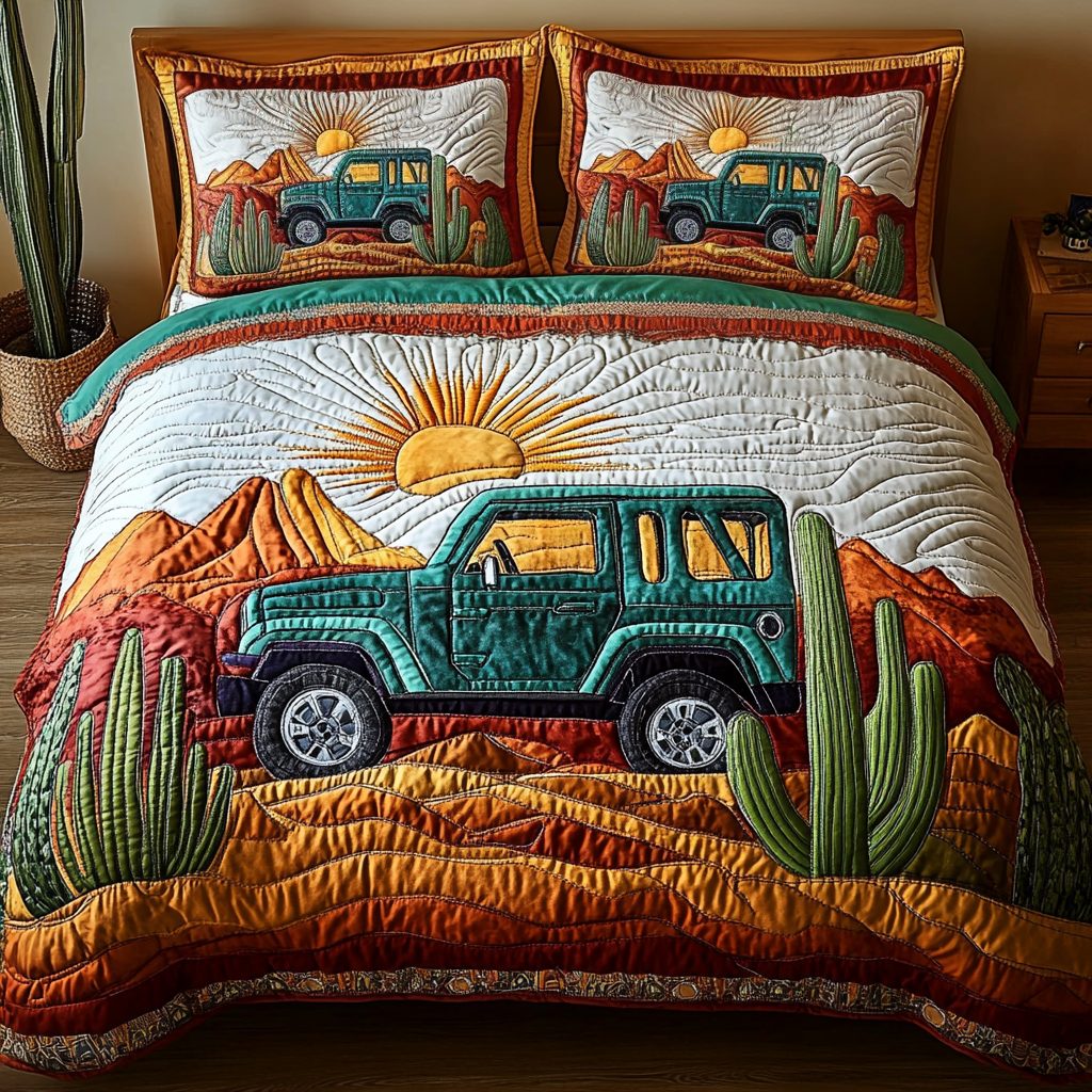 Desert Drift quilted 3-piece bedding set on a made bed with two matching pillow shams