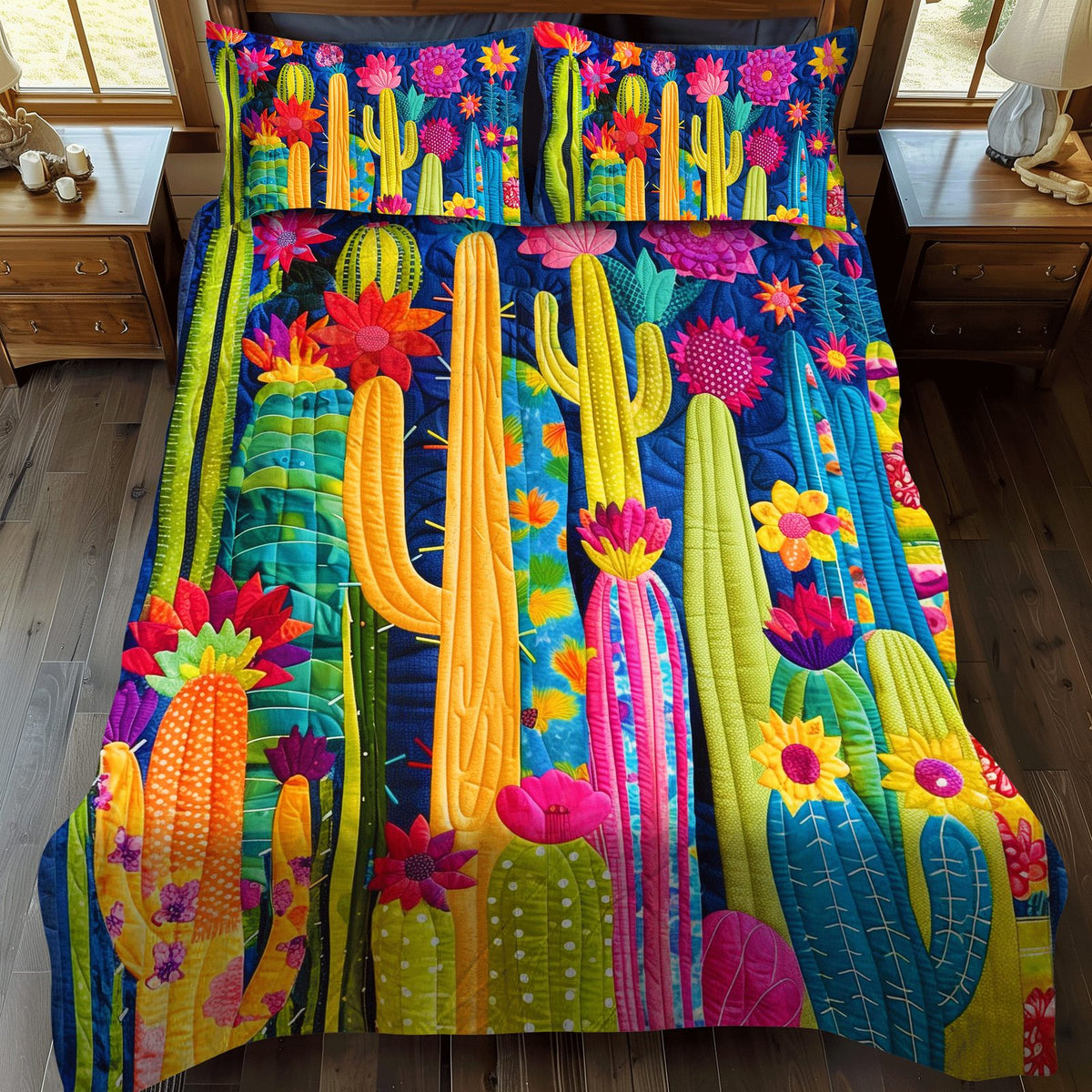 Desert Flora Fiesta quilted 3-piece bedding set on a made bed with two matching pillow shams