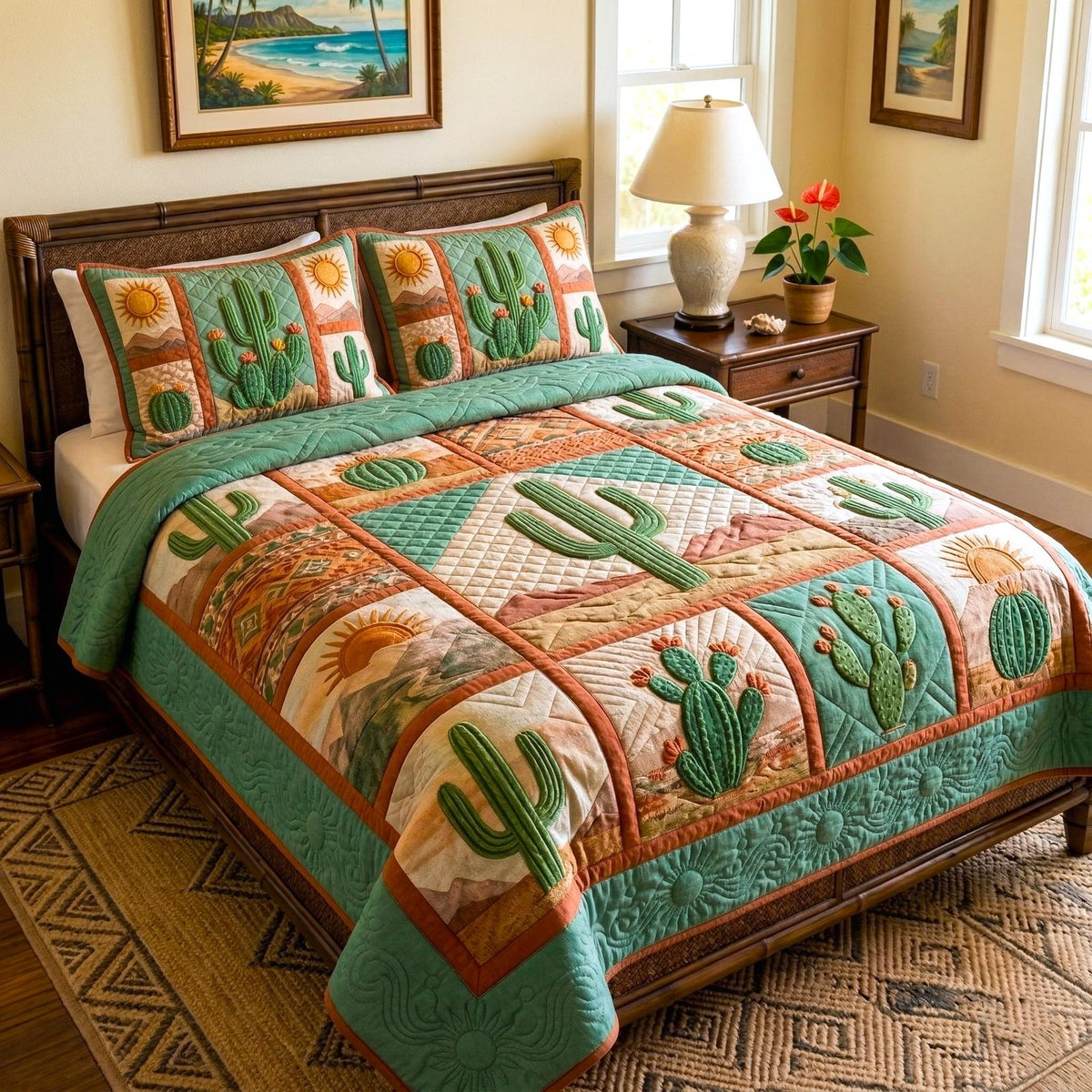 Desert Heritage quilted 3-piece bedding set on a made bed in a farmhouse bedroom