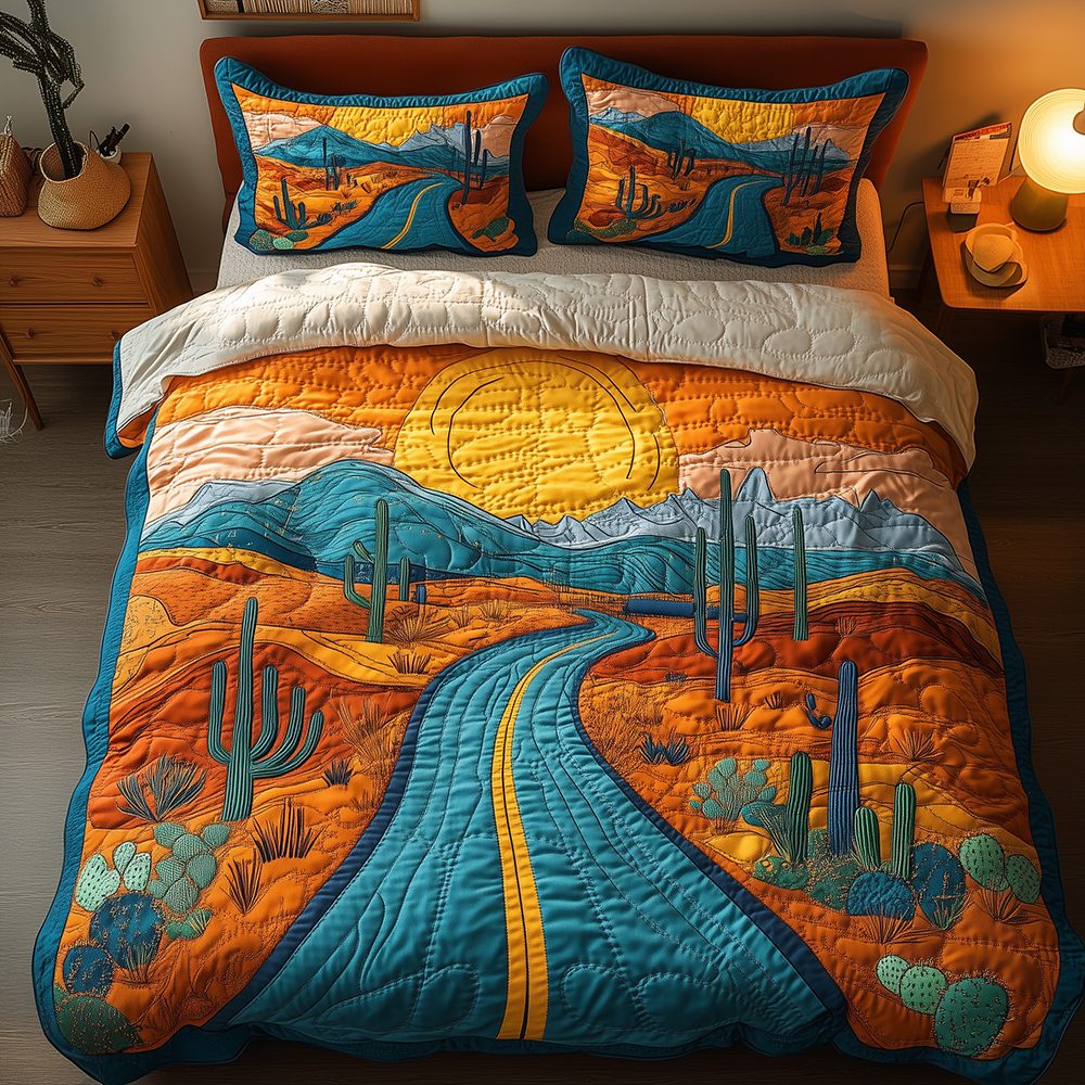 Desert Highway quilted 3-piece bedding set on a made bed with two matching pillow shams