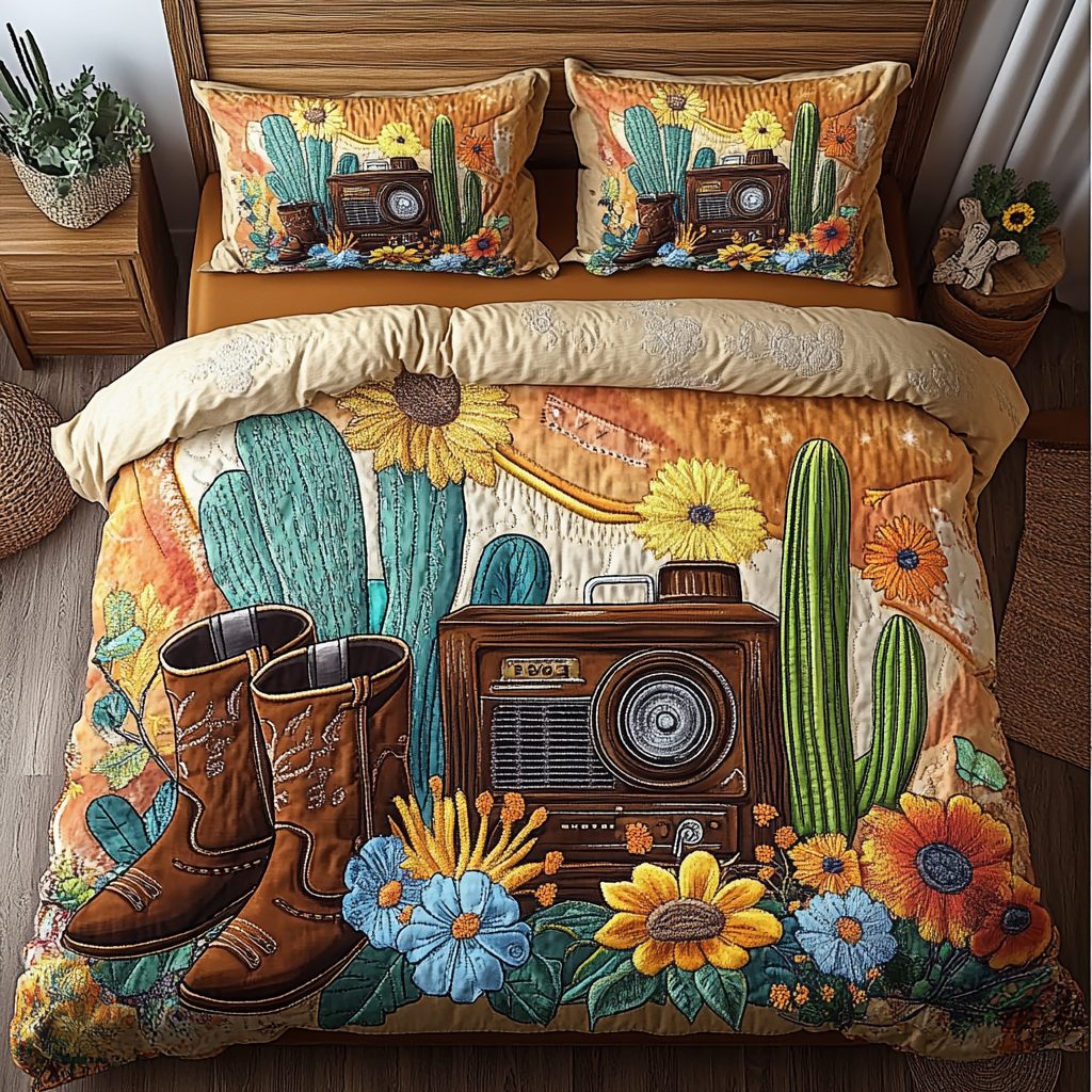 Desert Horizon quilted 3-piece bedding set on a made bed with two matching pillow shams