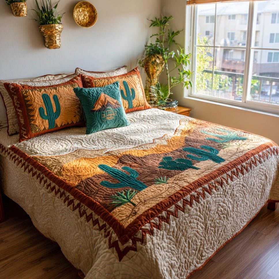 Desert Magic quilted 3-piece bedding set on a made bed with two matching pillow shams