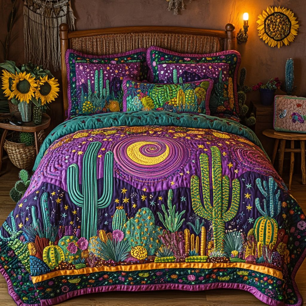 Desert Magic quilted 3-piece bedding set on a made bed with two matching pillow shams