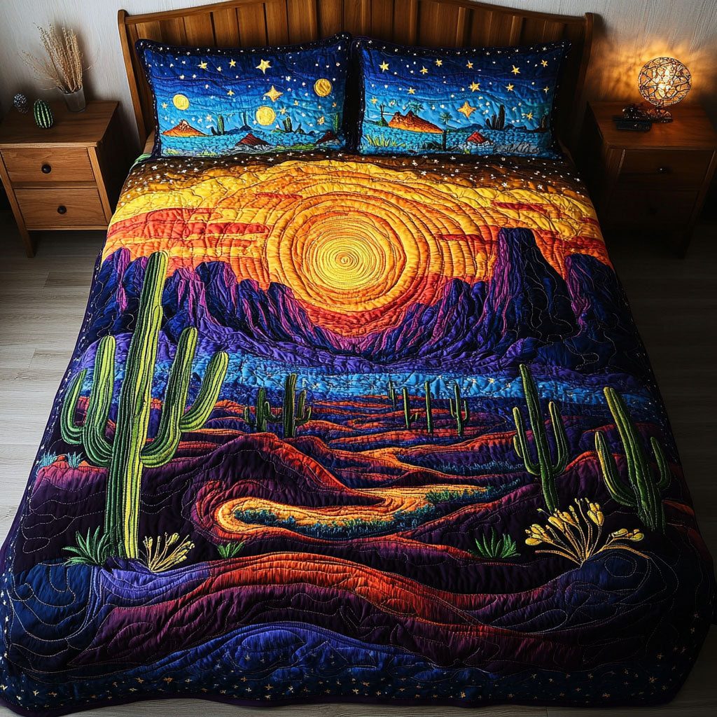 Desert Mirage quilted 3-piece bedding set on a made bed with two matching pillow shams