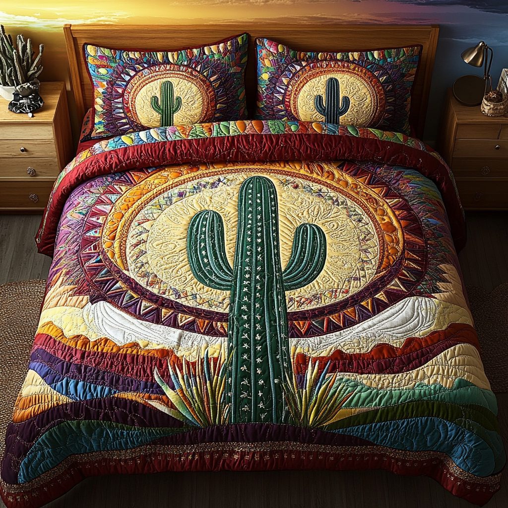 Desert Moon Magic quilted 3-piece bedding set on a made bed with two matching pillow shams