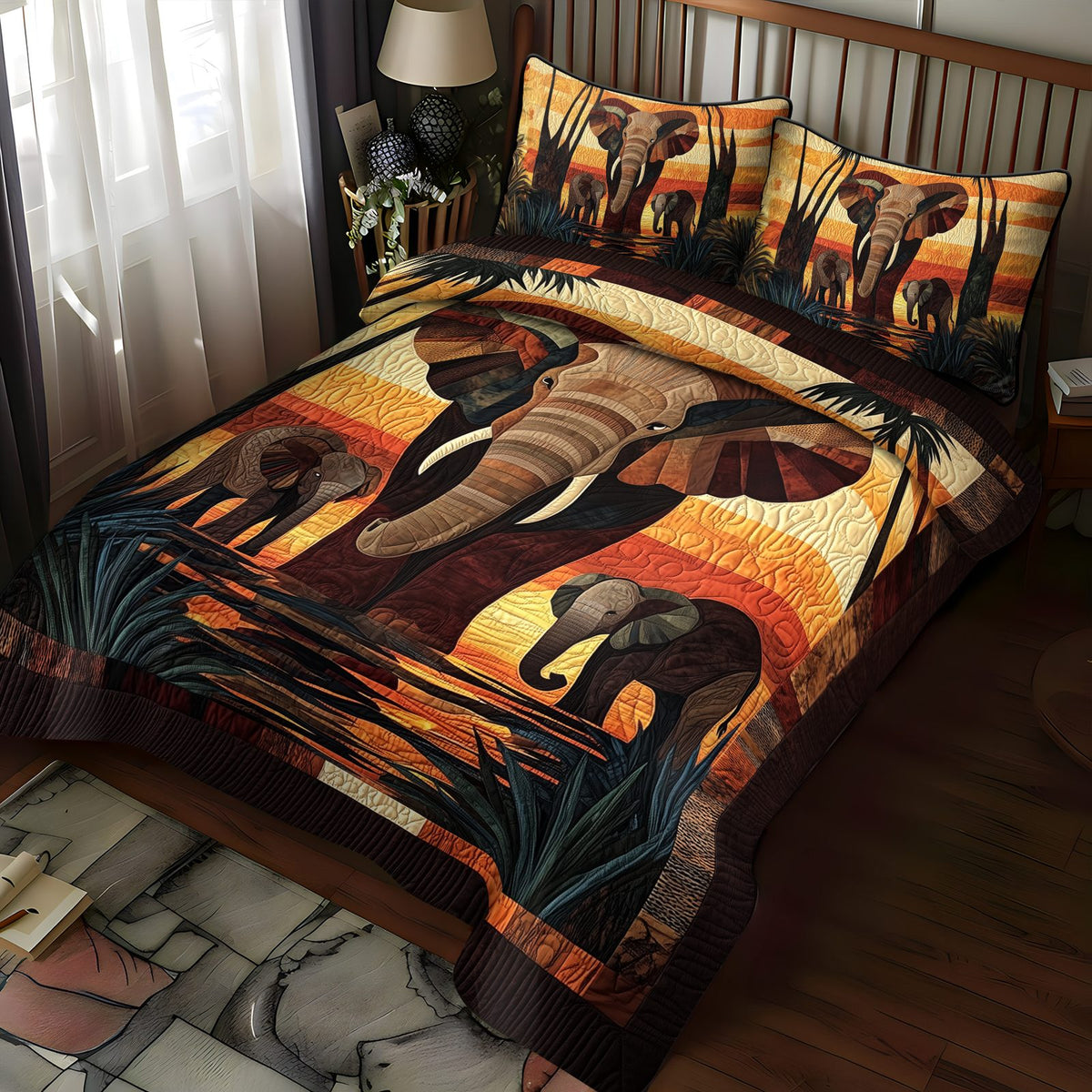 Desert Mustang quilted 3-piece bedding set on a made bed with two matching pillow shams