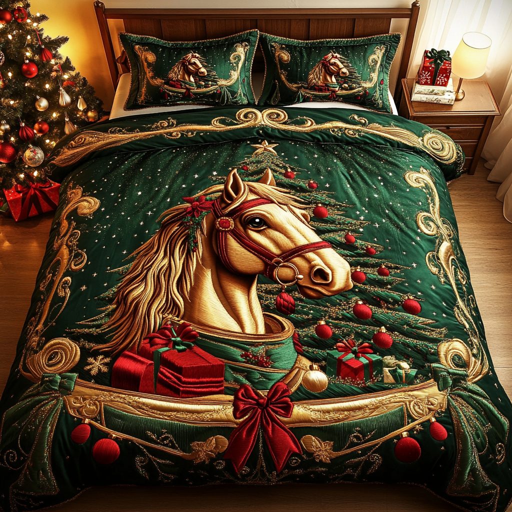 Desert Mustang quilted 3-piece bedding set on a made bed with two matching pillow shams