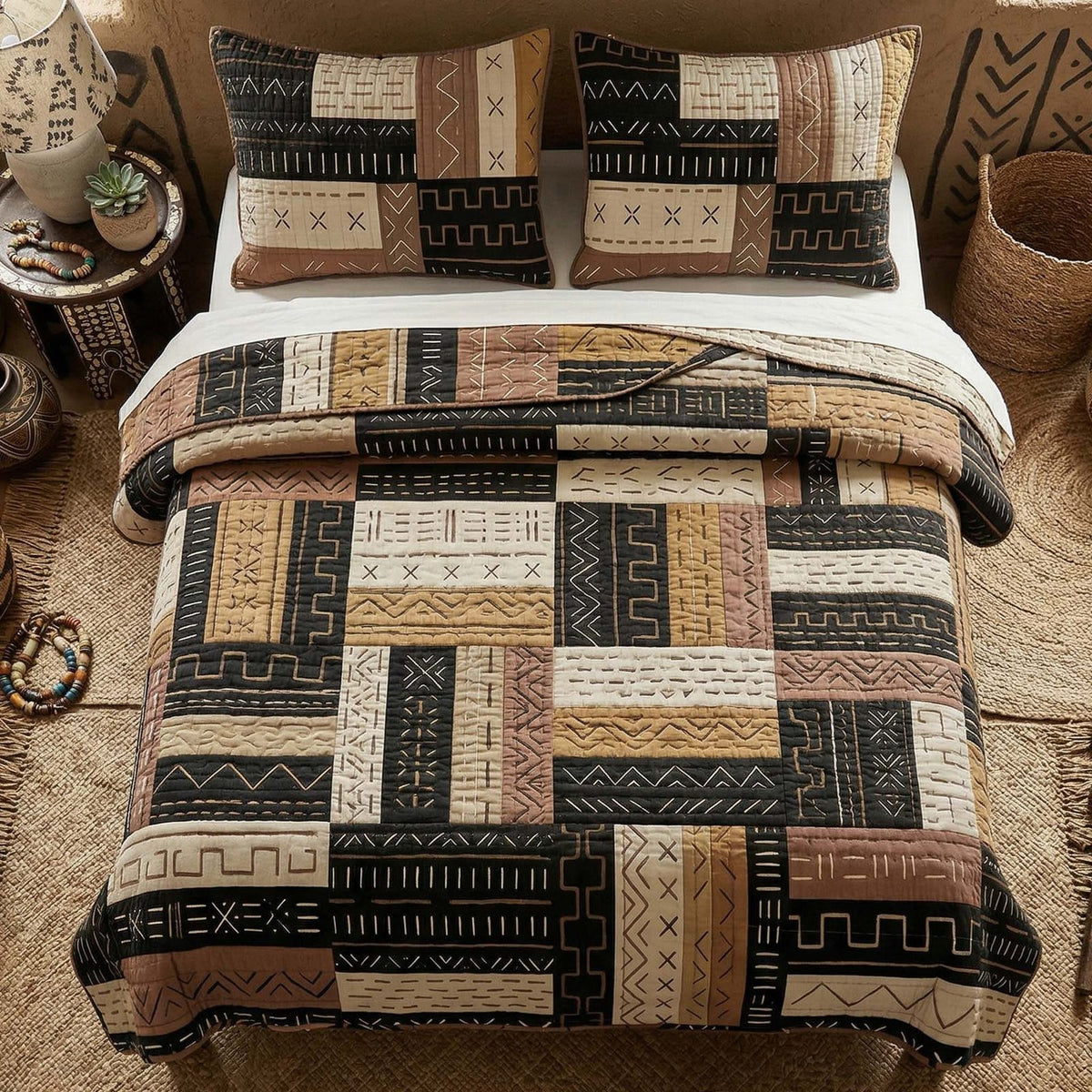 Desert Patch quilted 3-piece bedding set on a made bed with two matching pillow shams