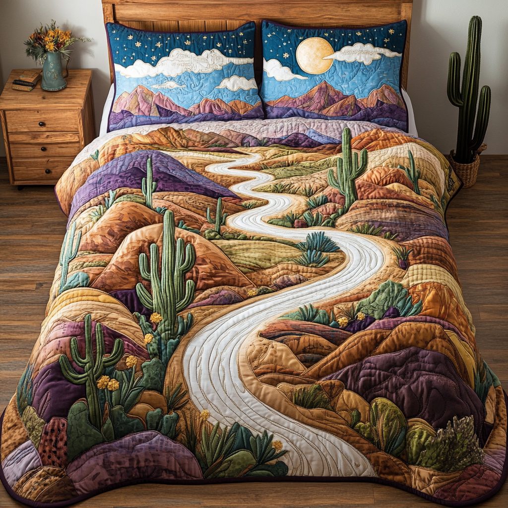 Desert Path quilted 3-piece bedding set on a made bed with two matching pillow shams