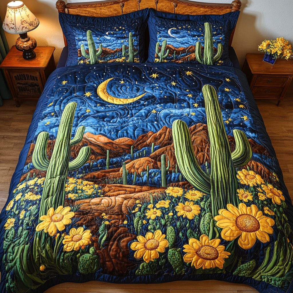 Desert Path quilted 3-piece bedding set on a made bed with two matching pillow shams