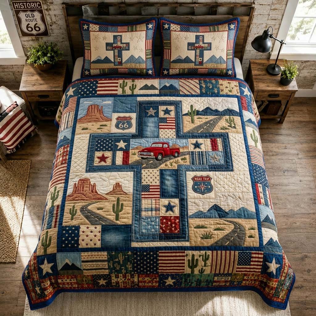 Desert Road Cross quilted 3-piece bedding set on a made bed in a softly lit bedroom