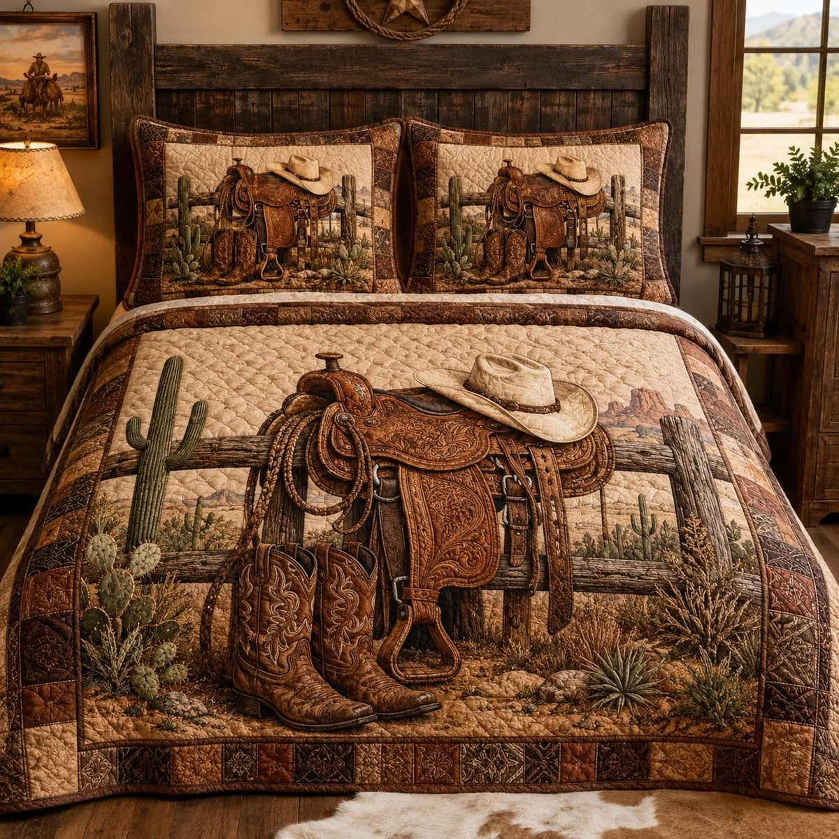 Desert Saddle quilted 3-piece bedding set on a made bed in a rustic timber bedroom