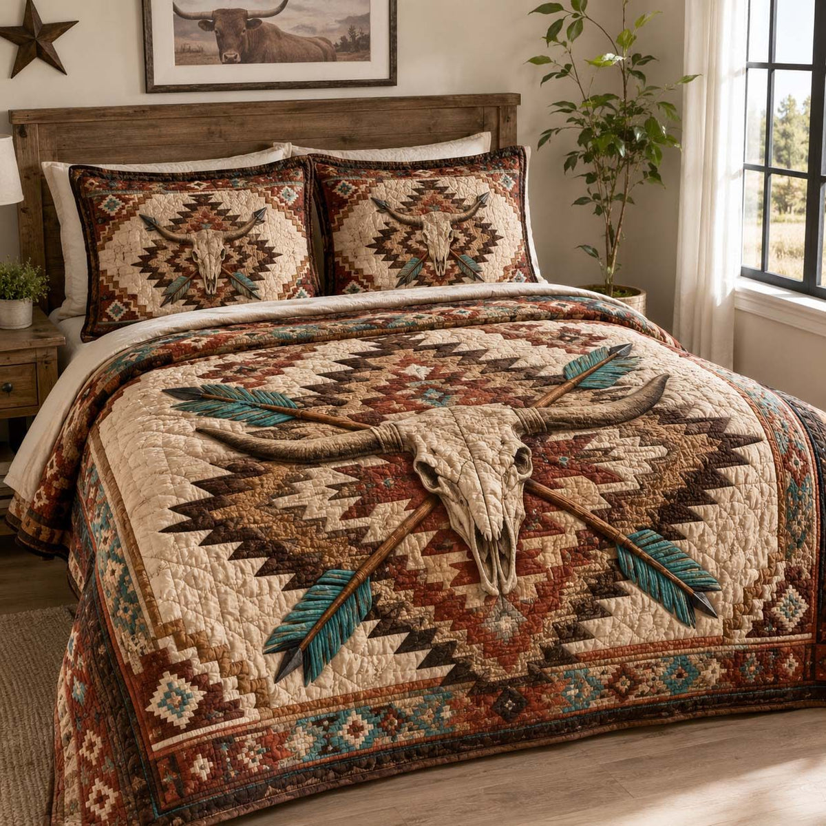 Desert Skull quilted 3-piece bedding set on a made bed against a dark styled interior