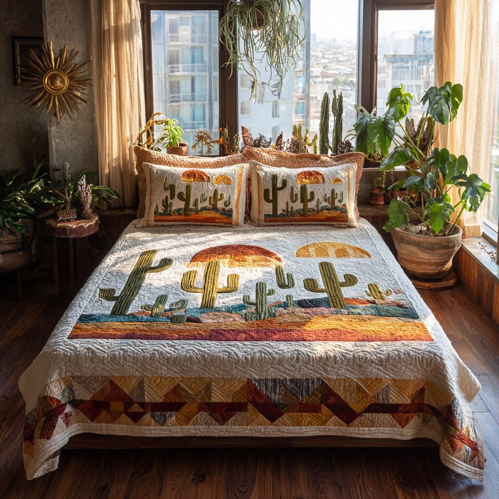 Desert Spirit quilted 3-piece bedding set on a made bed with two matching pillow shams