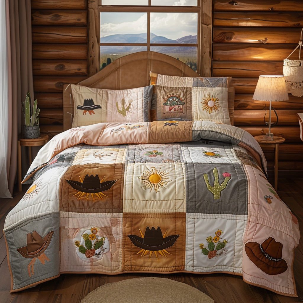 Desert Star quilted 3-piece bedding set on a made bed with two matching pillow shams