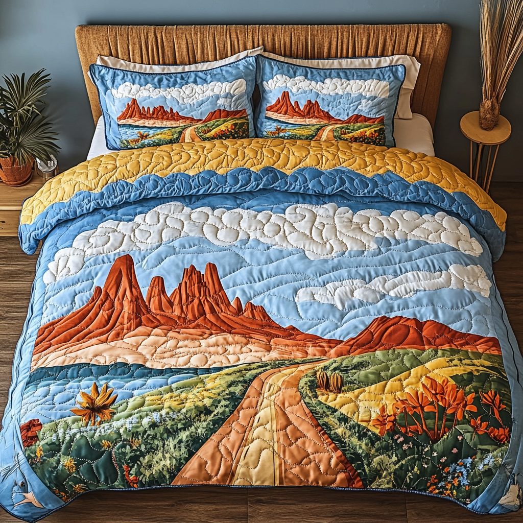 Desert Sunset quilted 3-piece bedding set on a made bed with two matching pillow shams