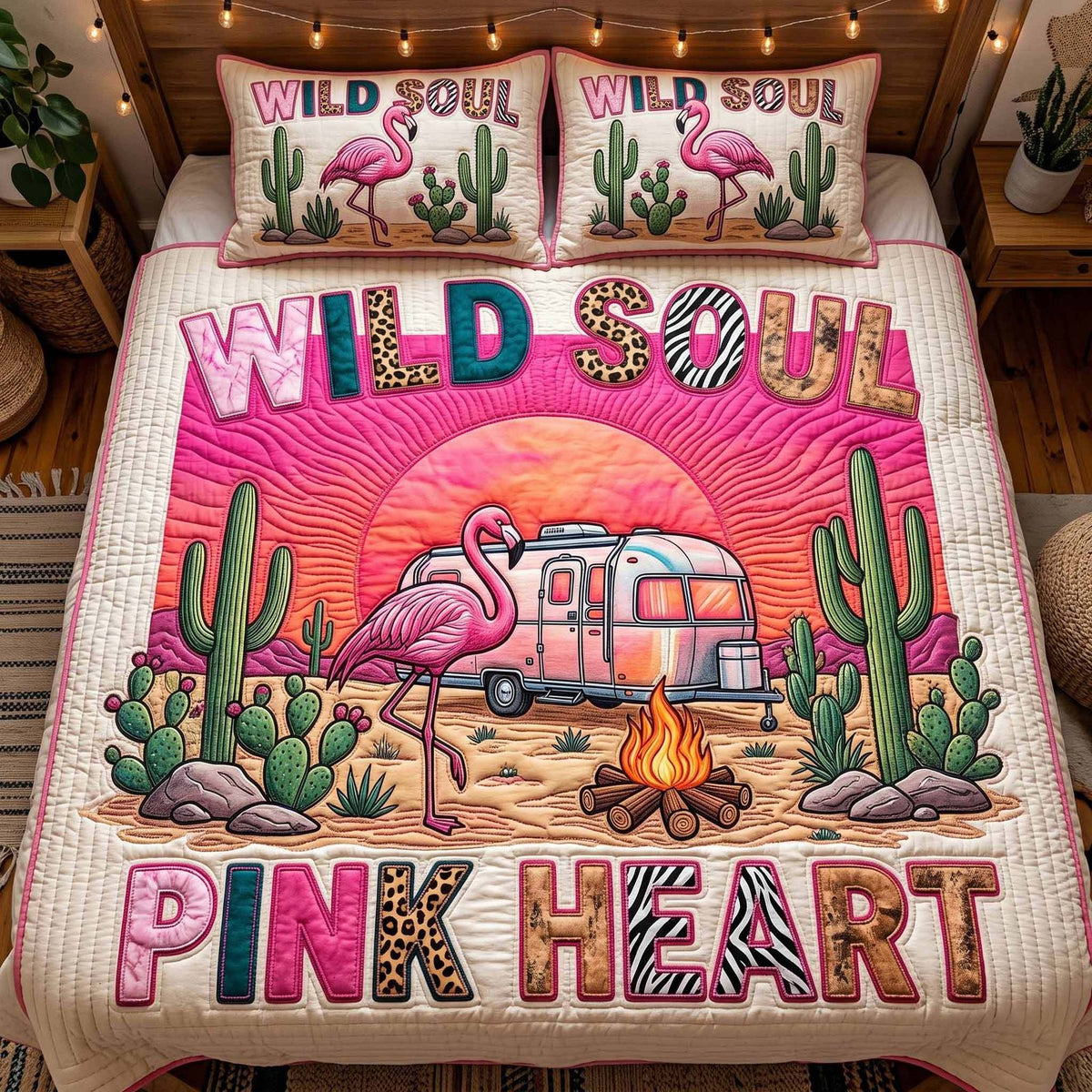 Desert Trailer quilted 3-piece bedding set on a made bed with two matching pillow shams