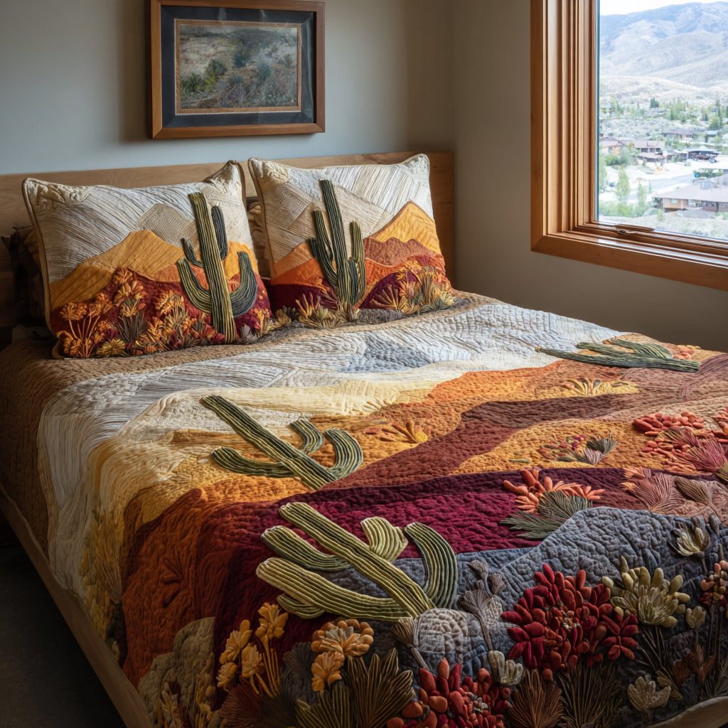 Desert Vista quilted 3-piece bedding set on a made bed with two matching pillow shams