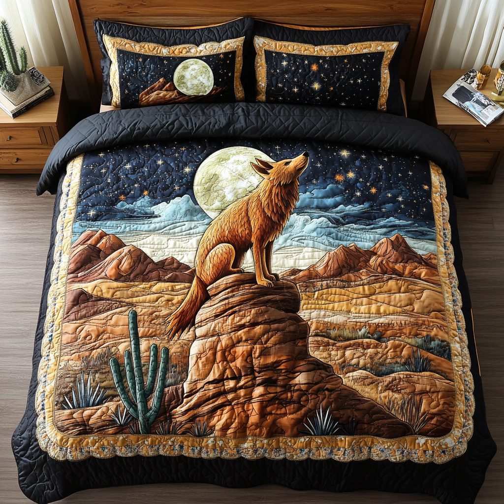 Desert Wanderer quilted 3-piece bedding set on a made bed with two matching pillow shams