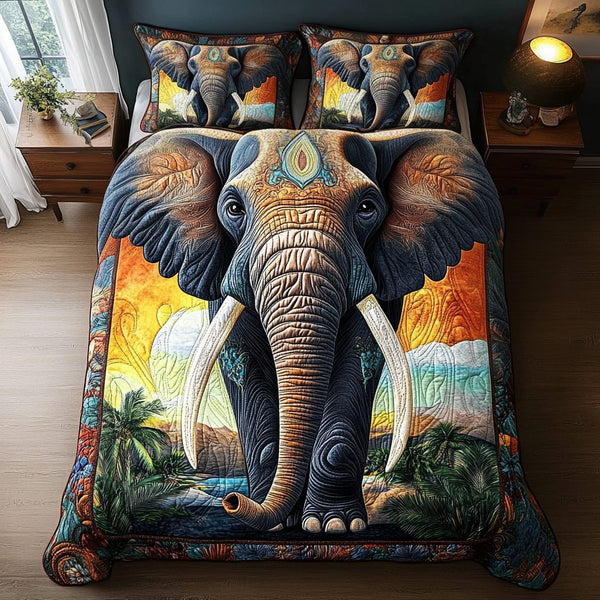 Desert Wanderer quilted 3-piece bedding set on a made bed with two matching pillow shams