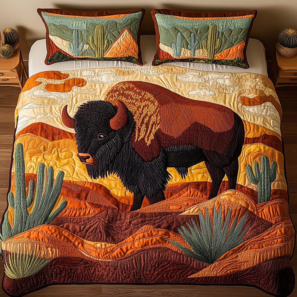 Desert Wanderer quilted 3-piece bedding set on a made bed with two matching pillow shams