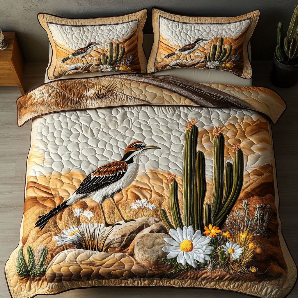 Desert Watcher quilted 3-piece bedding set on a made bed with two matching pillow shams