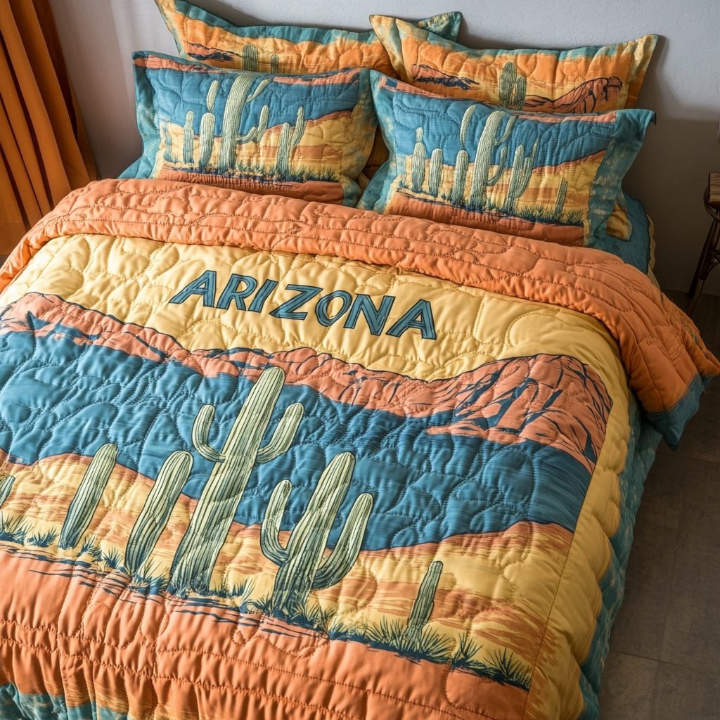 Desert Whisper quilted 3-piece bedding set on a made bed with two matching pillow shams