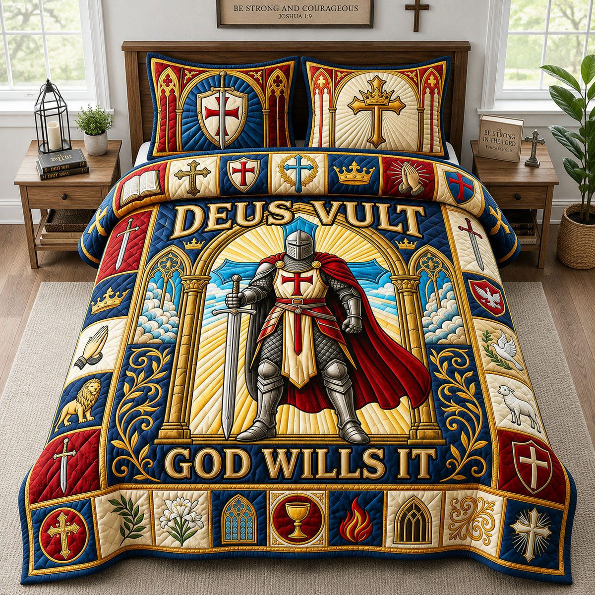 Deus Vult God Wills It quilted 3-piece bedding set on a made bed in a softly lit bedroom