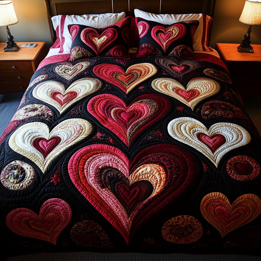Devoted Harmony quilted 3-piece bedding set on a made bed with two matching pillow shams