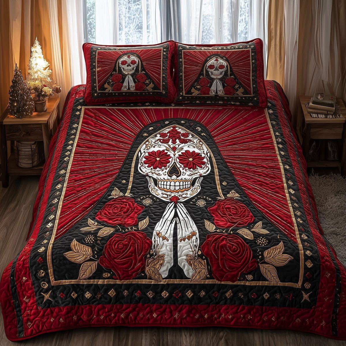 Dia de los Muertos quilted 3-piece bedding set on a made bed with two matching pillow shams