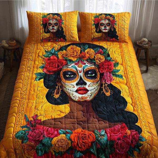 Dia de los Muertos quilted 3-piece bedding set on a made bed with two matching pillow shams