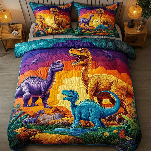 Dino Discovery quilted 3-piece bedding set on a made bed with two matching pillow shams