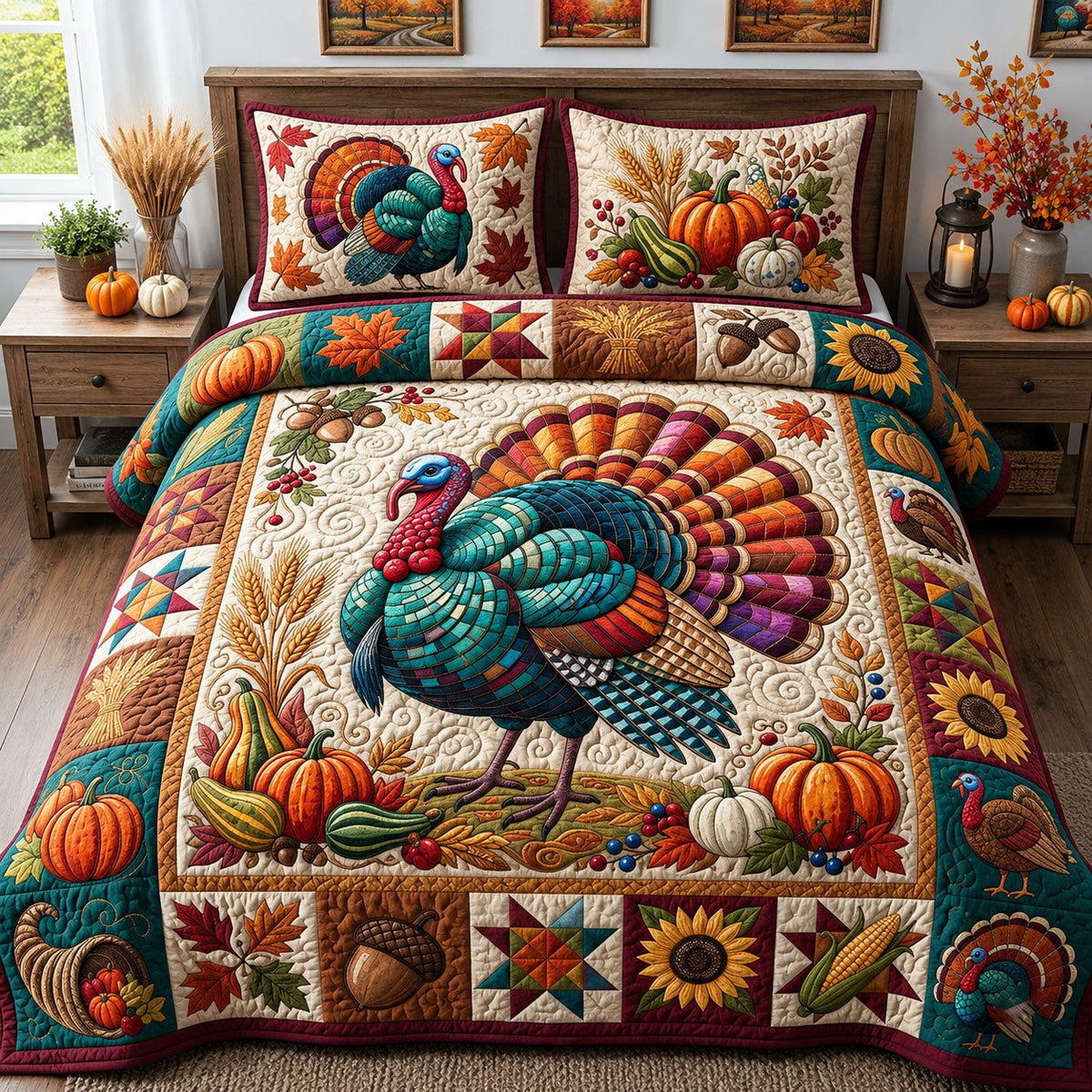 Disco Harvest Turkey quilted 3-piece bedding set on a made bed with two matching pillow shams