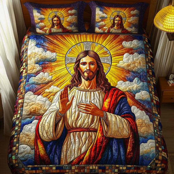 Divine Blessings quilted 3-piece bedding set on a made bed in a softly lit bedroom