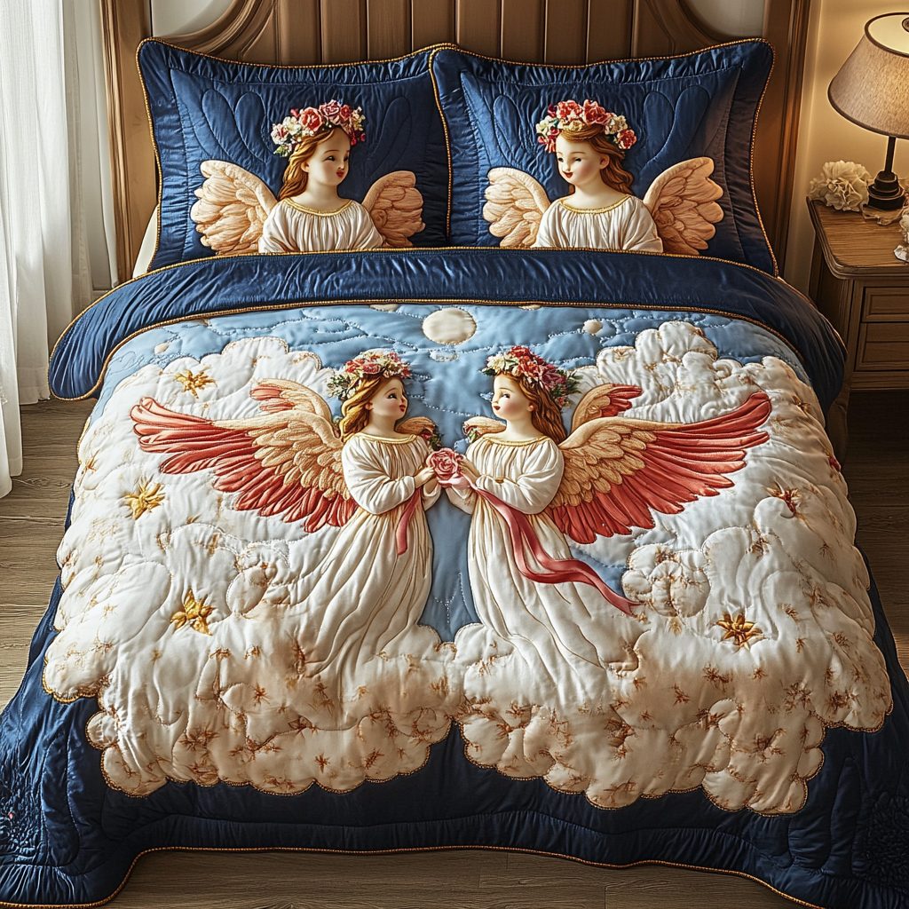 Divine Bloom quilted 3-piece bedding set on a made bed in a softly lit bedroom